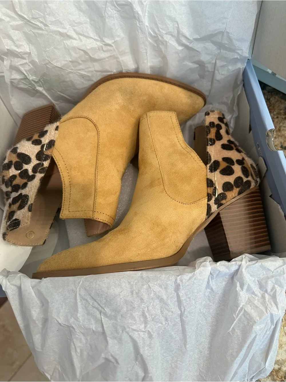 Women's Yellow Suede Ankle Boots with Leopard Heel Accent